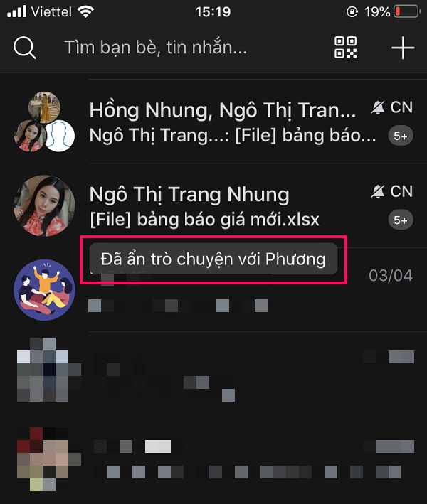 Nhận được thông báo Đã ẩn trò chuyện thành công