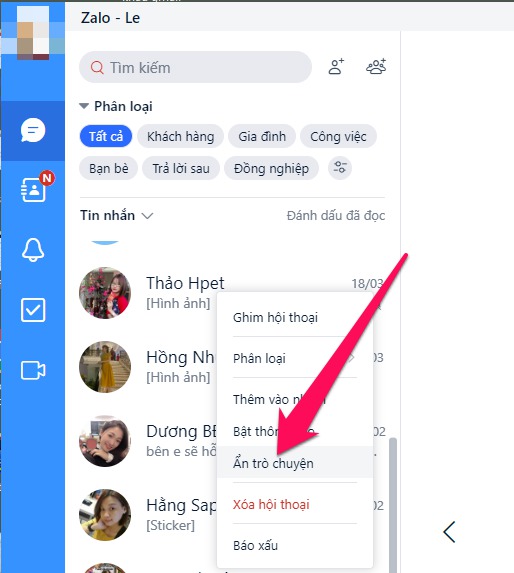 Nhấn chuột phải lên cuộc trò chuyện muốn ẩn chọn Ẩn trò chuyện