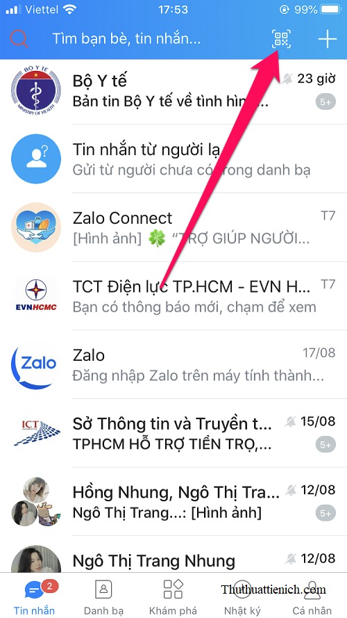 Mở ứng dụng Zalo trên điện thoại, nhấn vào biểu tượng mã QR góc trên cùng bên phải