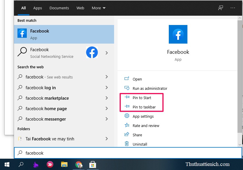 Bạn có thể dễ dàng tìm kiếm được 2 ứng dụng Facebook và Messenger vừa cài đặt trong Start hoặc tìm kiếm (nút Windows+S) với từ khóa Facebook và Messenger