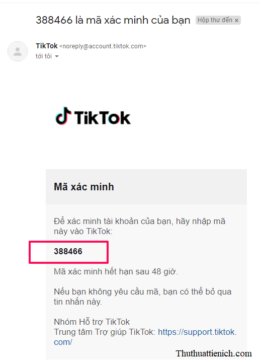 Lấy mã xác minh trong email Tiktok gửi về