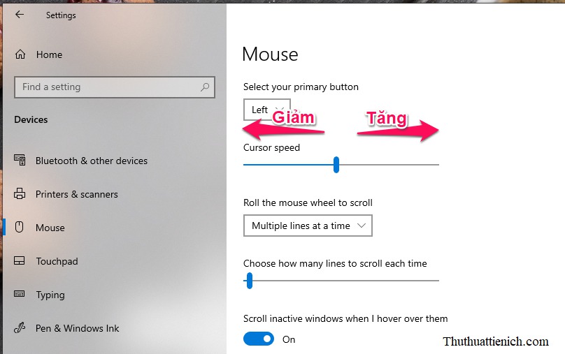 Thay đổi tốc độ chuột trong Settings trên Windows 10