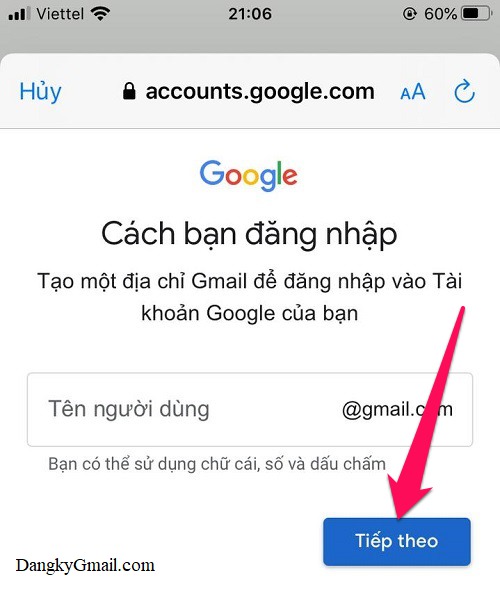 Nhập tên gmail muốn tạo