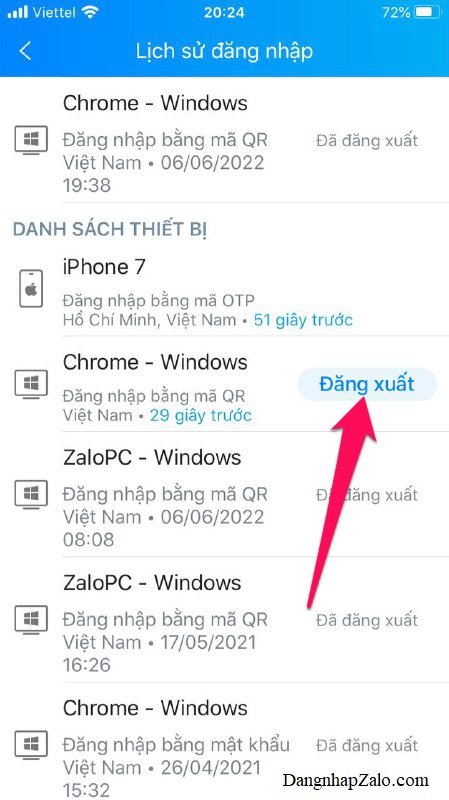 Để đăng xuất thiết bị đang đăng nhập tài khoản Zalo, bạn chỉ cần nhấn nút Đăng xuất màu xanh bên phải thiết bị đó